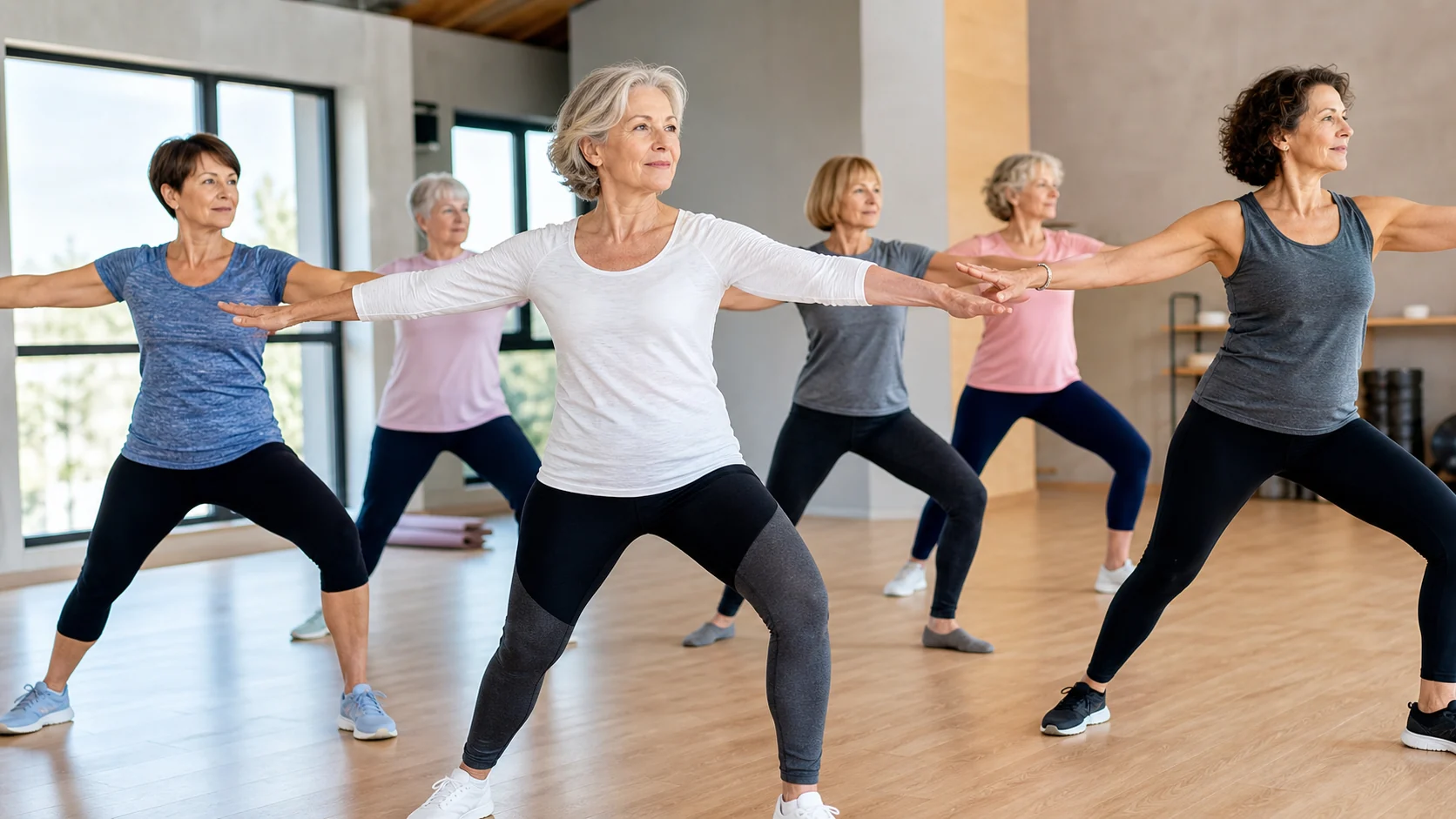 Plusieurs femmes de 60 à 70 ans participent à un cours collectif de gymnastique douce