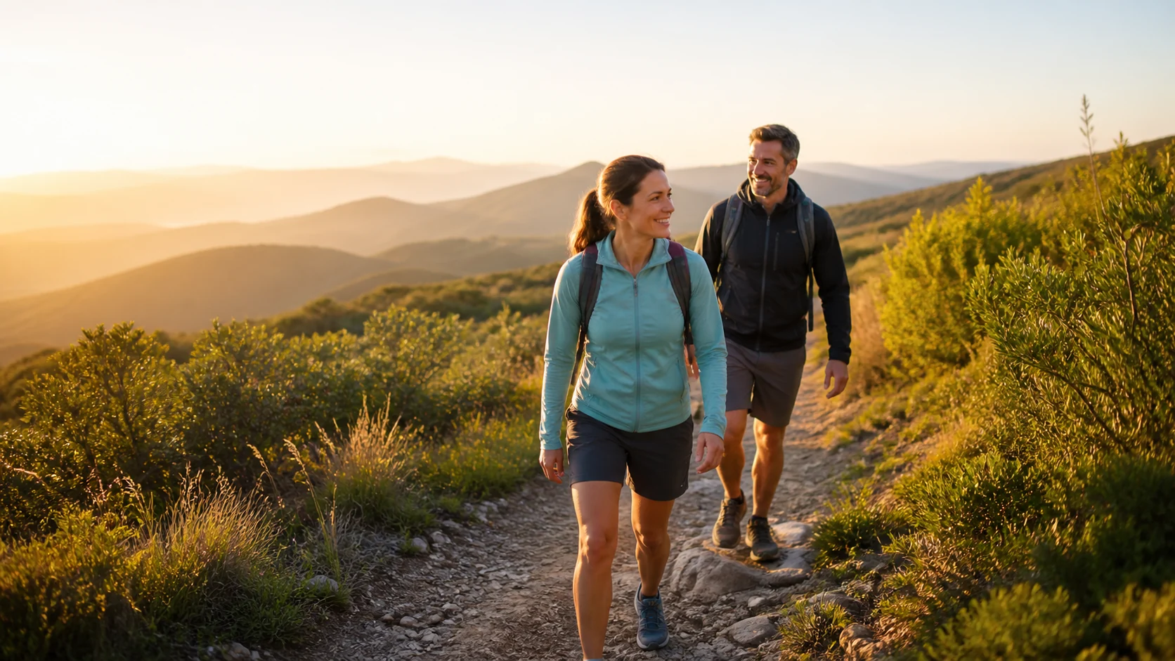Un couple pratique la randonnée ensemble sur un sentier au lever du jour